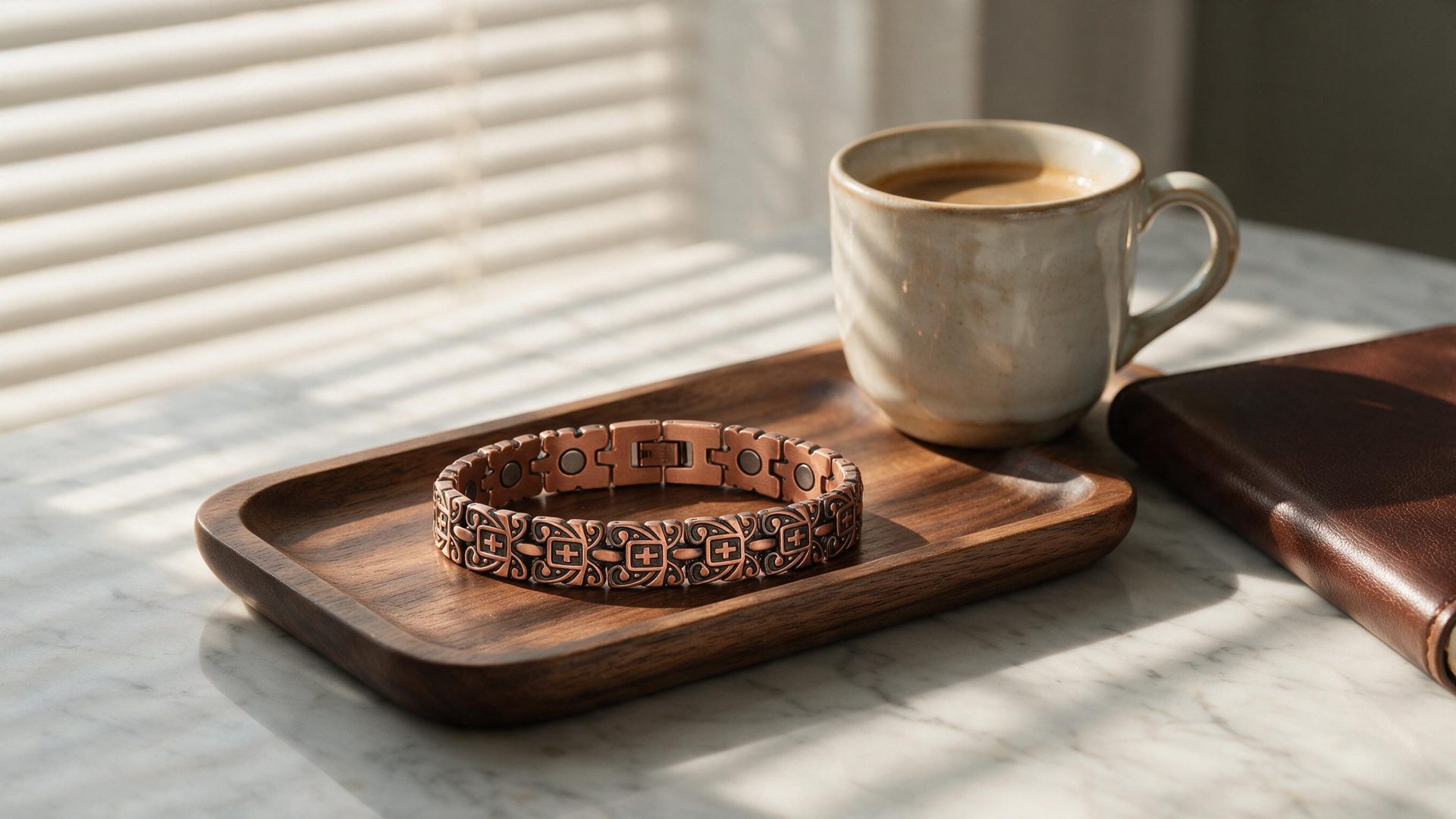 Lusteria rose gold bracelet displayed beside a mirror
