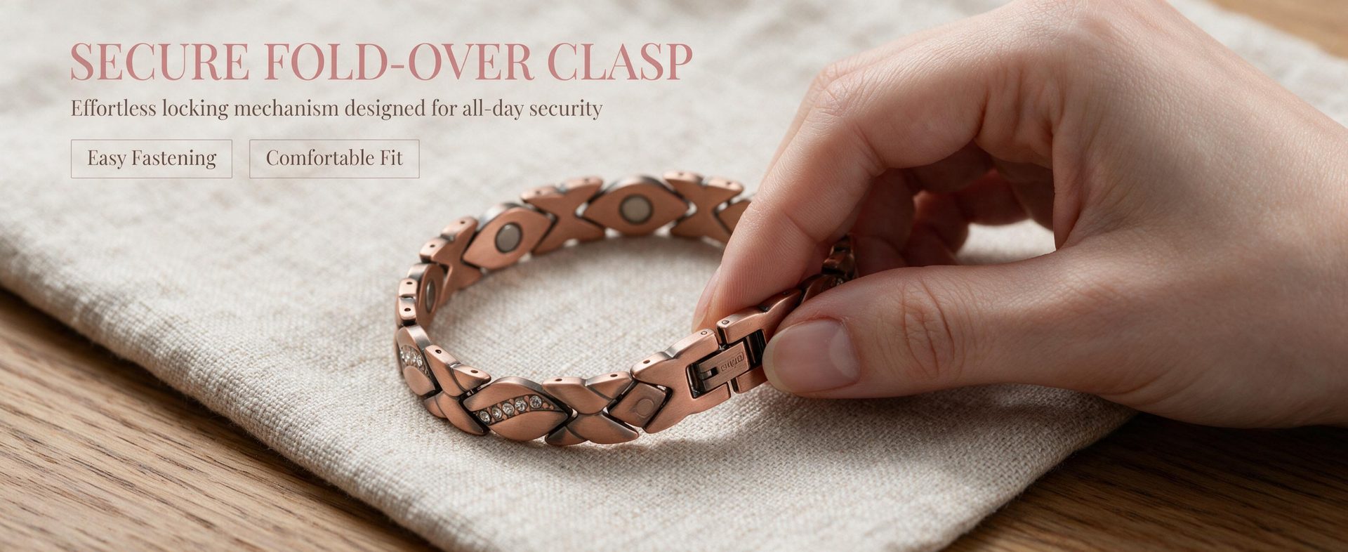 Lusteria rose gold bracelet styled with a neutral suit